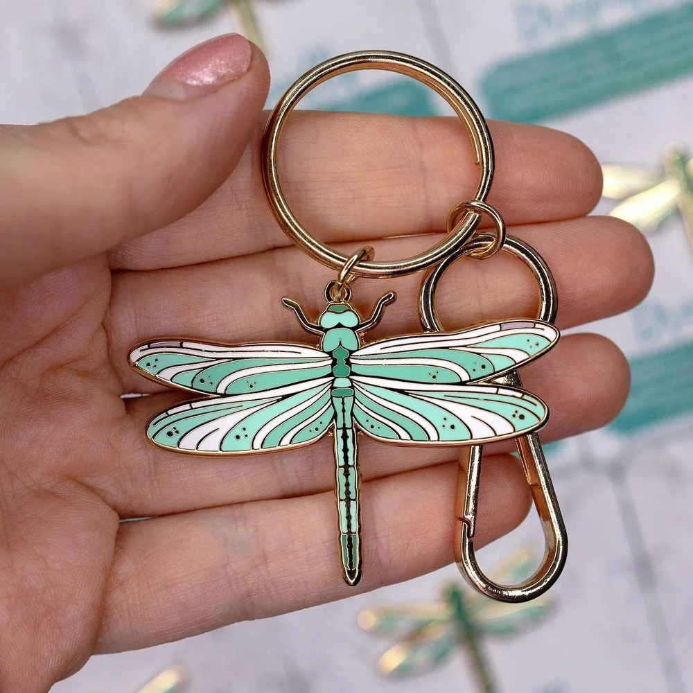 Dragonfly Enamel Keychain with Key Clip -‎ Gold Plated Insect & Nature Accessory